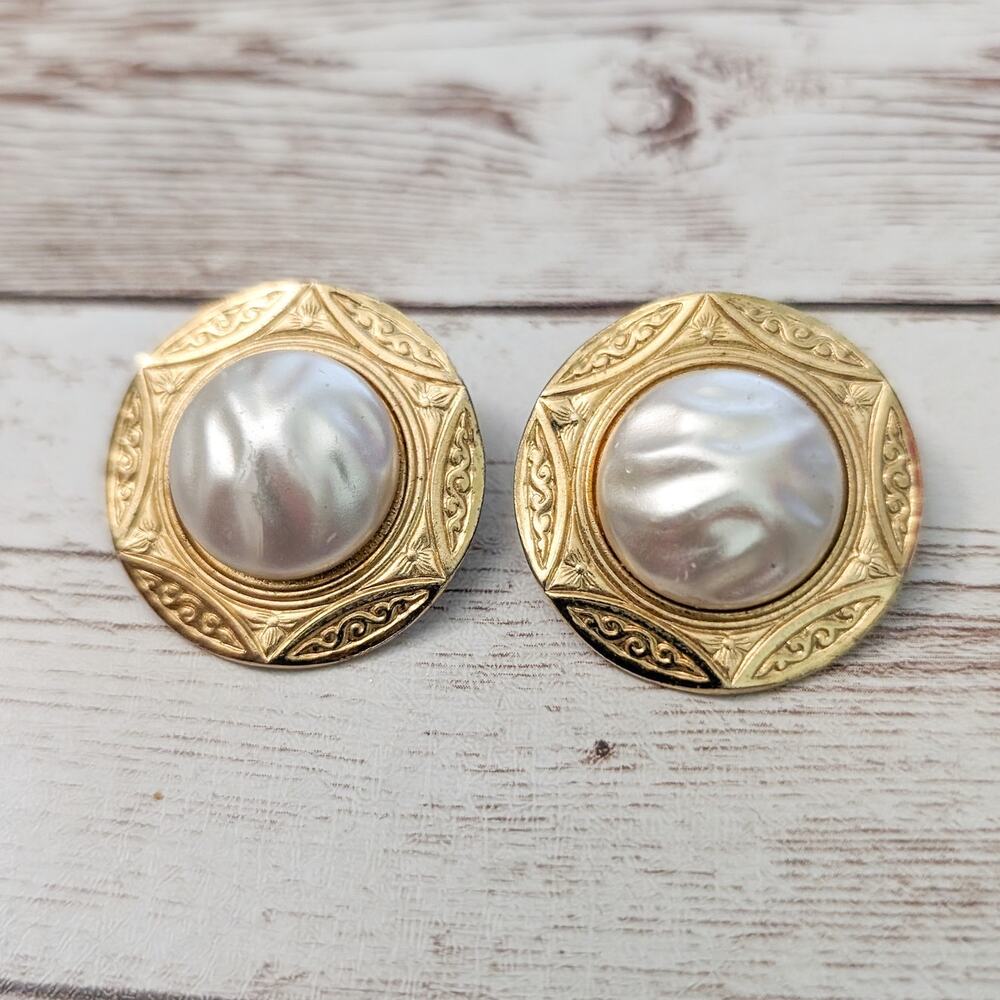 Vintage Clip On Earrings - Statement Gold Tone and Cream